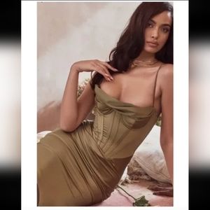 House of CB Olive Green Satin Midi Dress
